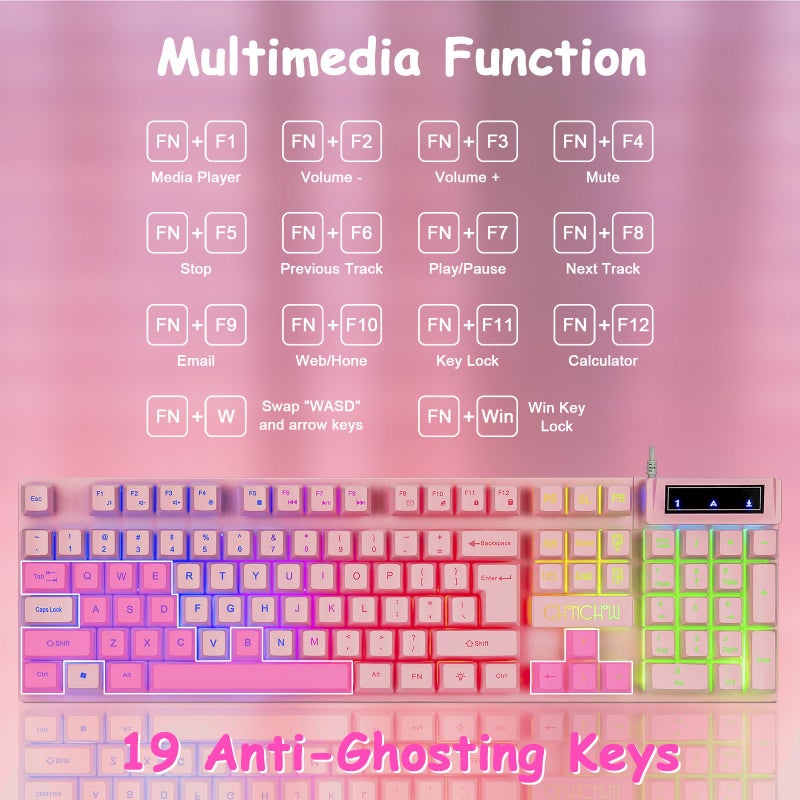 CHONCHOW Light Up Cute Pink Gaming Keyboard, 104 Keys Full Size, Number Pad, 19 Keys Anti-Ghosting, Multimedia Function Keys, 3 Colors LED Backlit, USB Wired Creamy Keyboard for PC, Computer, Desktop, Laptop - Image 4