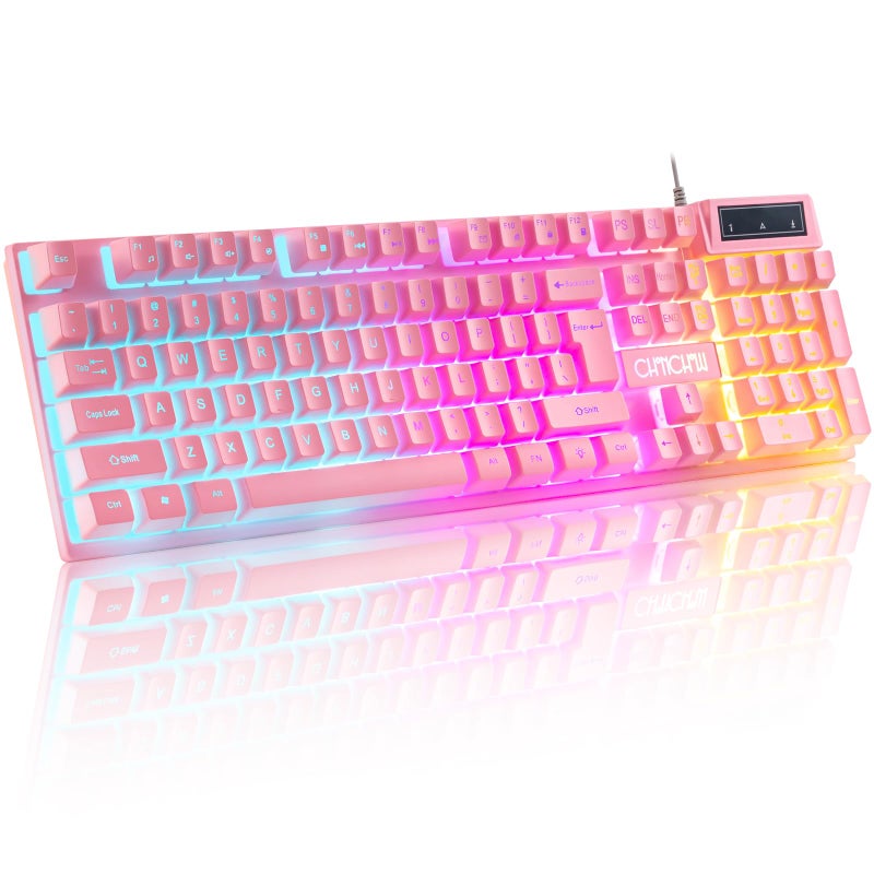 CHONCHOW Light Up Cute Pink Gaming Keyboard, 104 Keys Full Size, Number Pad, 19 Keys Anti-Ghosting, Multimedia Function Keys, 3 Colors LED Backlit, USB Wired Creamy Keyboard for PC, Computer, Desktop, Laptop - Image 1