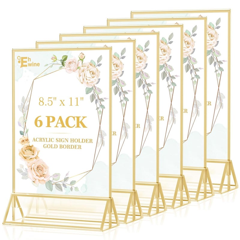 EHWINE 6 Pack 8.5×11 Clear Acrylic Sign Holder with Gold Borders and Vertical Stand, Double Sided Table Menu Holders Picture Frames for Wedding Table Numbers, Restaurant Signs, Photos and Art Display - Image 1