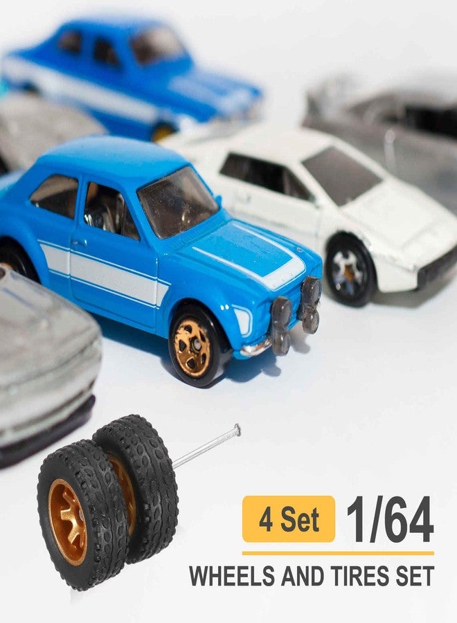 MECCANIXITY 4 Set 1/64 Wheels and Tires Set, Off-road Vehicles Real Riders Rims Includes Axles for RC Diecast Car DIY Model, Gold Rims - Image 3