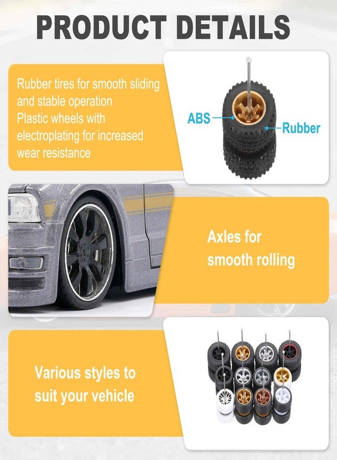 MECCANIXITY 4 Set 1/64 Wheels and Tires Set, Off-road Vehicles Real Riders Rims Includes Axles for RC Diecast Car DIY Model, Gold Rims - Image 4