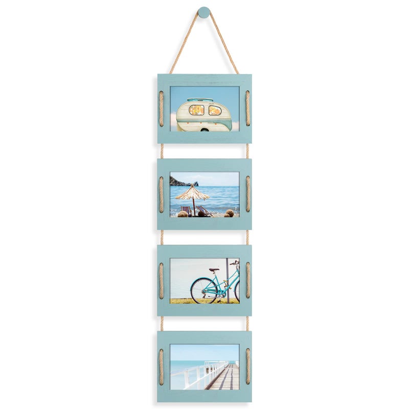 DLQuarts 4x6 Hanging Collage Picture Frames Wall Decor 4Opening 4x6 Photo without Mat Rustic Wood Frame with Hemp Rope 1 Pack Ocean Blue