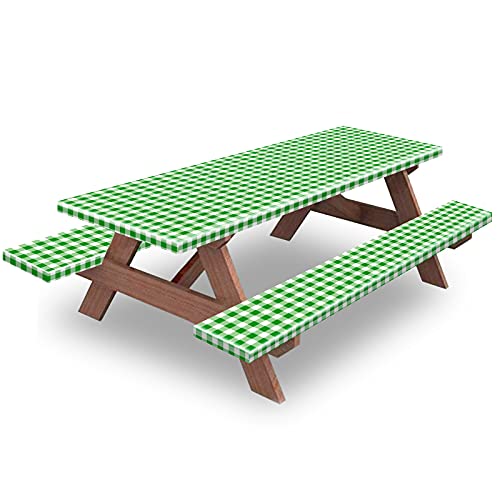 KENOBEE 6ft Picnic Table and Bench Cover Camping Essentials RV Gear 72in Waterproof Windproof Outdoor Elastic All Around Tablecloth Fitted Rectangle Tables and Seats GreenWhite Checkered