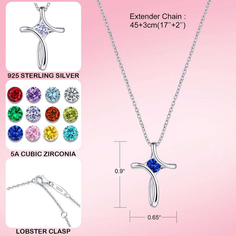 NINAMAID Cross Necklace for Women 925 Sterling Silver Birthstone Necklaces for Women Diamond Birthstone Jewelry Birthday Gifts for Women - Image 4