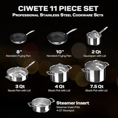 Ciwete 11-Piece Stainless Steel Pots and Pans Set Non Stick, Tri-Ply Stainless Steel Cookware Set, Induction Kitchen Cookware Sets with Steamer Insert & Stay-Cool Handles, Dishwasher, Oven Safe - Image 3