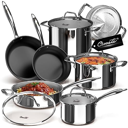 Ciwete 11-Piece Stainless Steel Pots and Pans Set Non Stick, Tri-Ply Stainless Steel Cookware Set, Induction Kitchen Cookware Sets with Steamer Insert & Stay-Cool Handles, Dishwasher, Oven Safe - Image 1