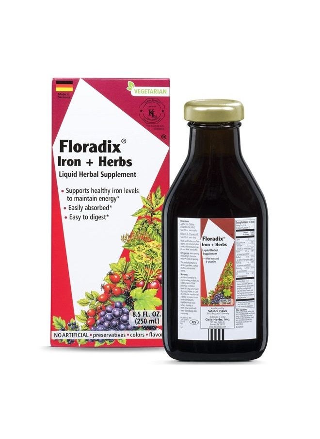 Floradix - , Iron & Herbs Vegetarian Liquid Supplement, Energy Support for Women and Men, Easily Absorbed, Non-GMO, Vegetarian, Kosher, Lactose-Free, Unflavored, 8.5 - Image 1