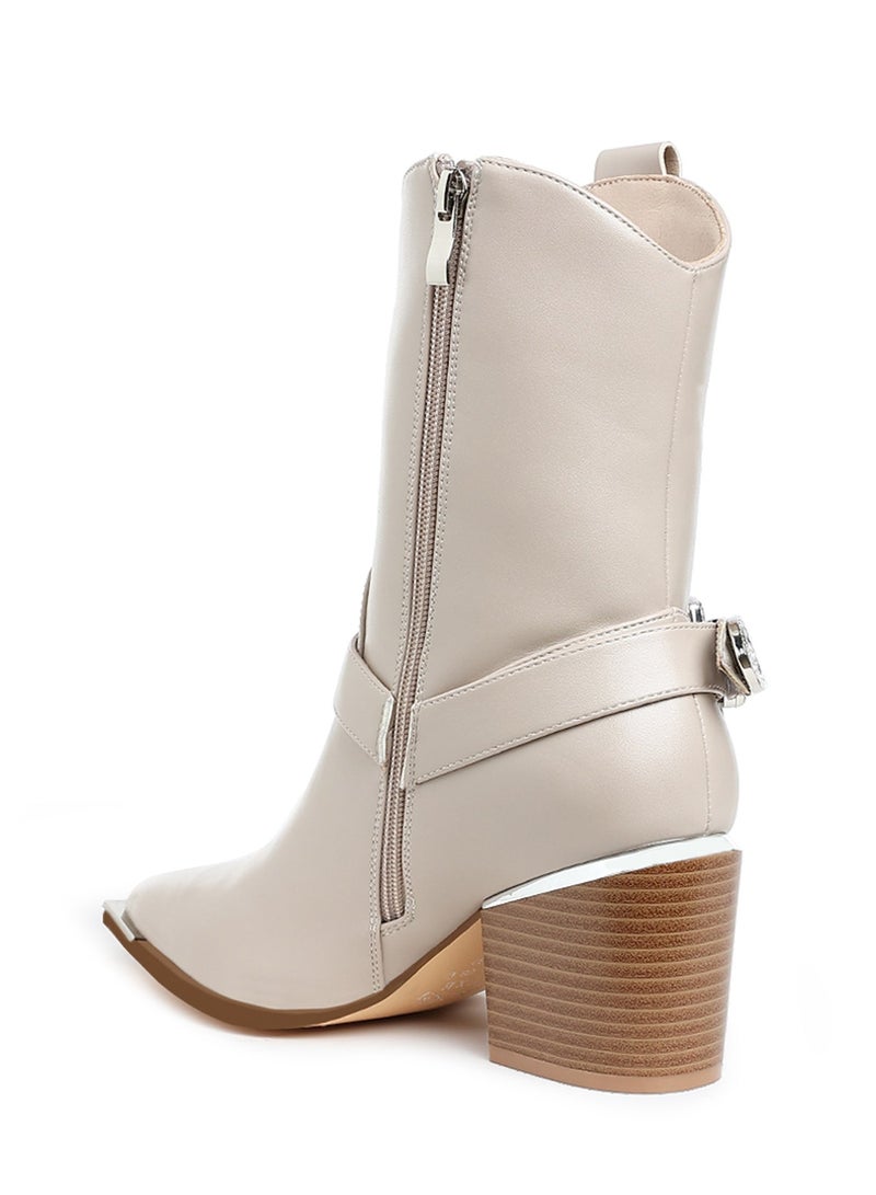 London Rag Diamante Embellished Pin Buckle Boots in Beige - Image 3
