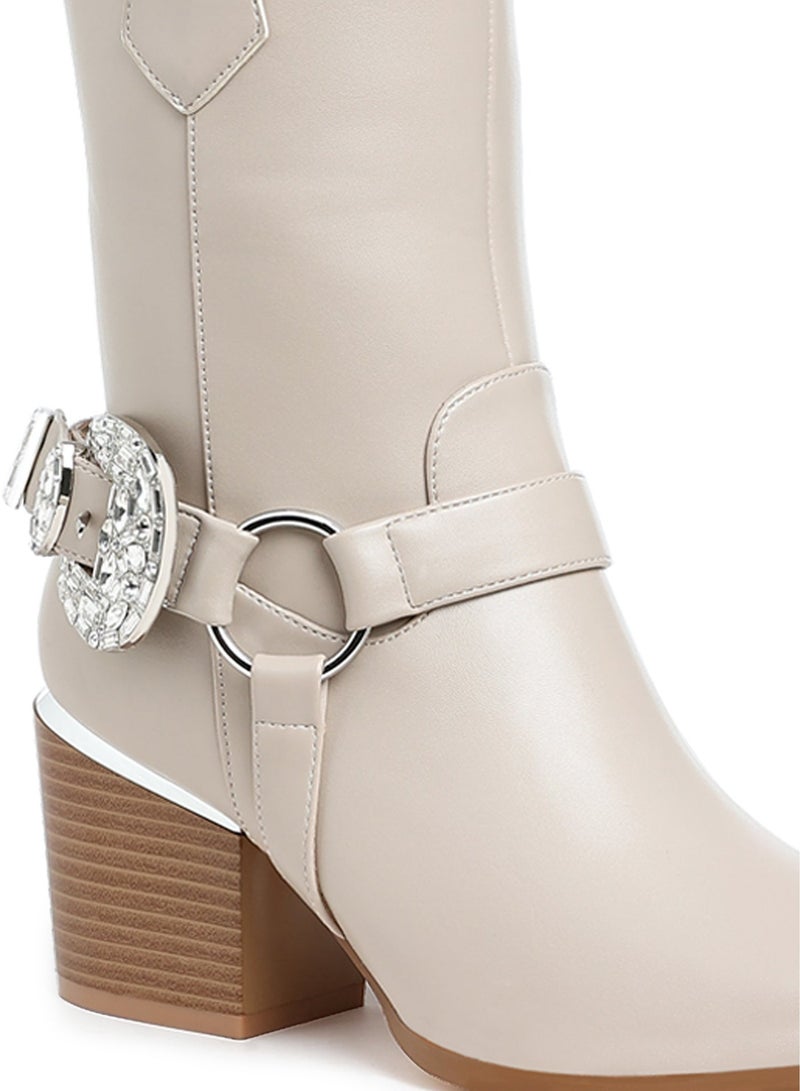 London Rag Diamante Embellished Pin Buckle Boots in Beige - Image 5