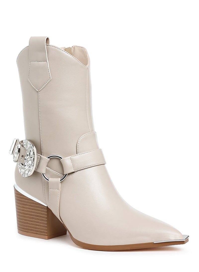 London Rag Diamante Embellished Pin Buckle Boots in Beige - Image 1