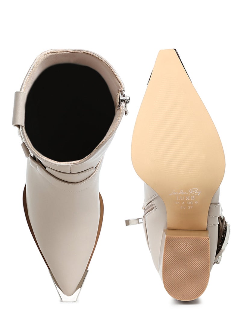 London Rag Diamante Embellished Pin Buckle Boots in Beige - Image 4