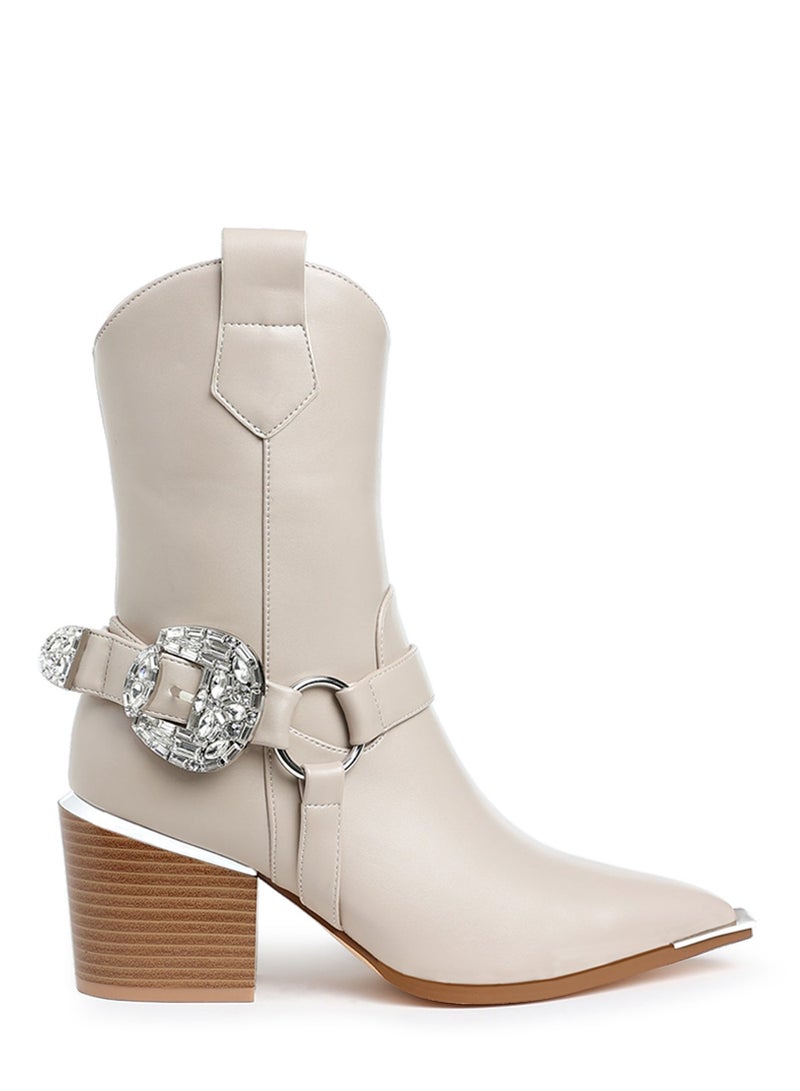 London Rag Diamante Embellished Pin Buckle Boots in Beige - Image 2