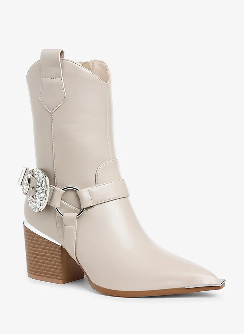 Diamante Embellished Pin Buckle Boots in Beige