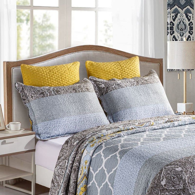 YAYIDAY Quilts Queen Size Patchwork Bedspread Set - 100% Cotton Reversible Breathable Grey Quilted Quilt with Pillow Shams Fit All Seasons - Image 2