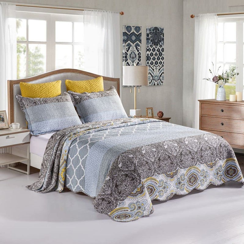 YAYIDAY Quilts Queen Size Patchwork Bedspread Set - 100% Cotton Reversible Breathable Grey Quilted Quilt with Pillow Shams Fit All Seasons - Image 3