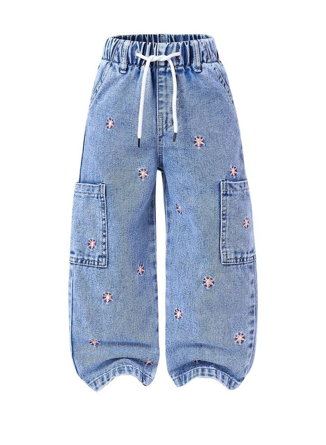WDIRARA Toddler Girl's Floral Embroidered Wide Leg Cargo Jeans Drawstring Elastic Waist Denim Pants Light Wash 4Y - Image 1