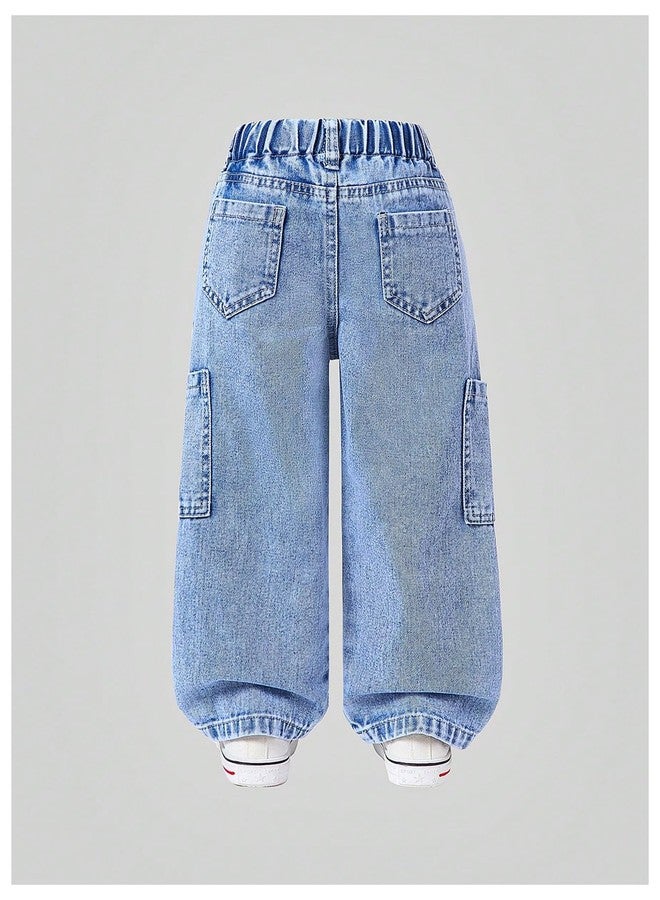 WDIRARA Toddler Girl's Floral Embroidered Wide Leg Cargo Jeans Drawstring Elastic Waist Denim Pants Light Wash 4Y - Image 2