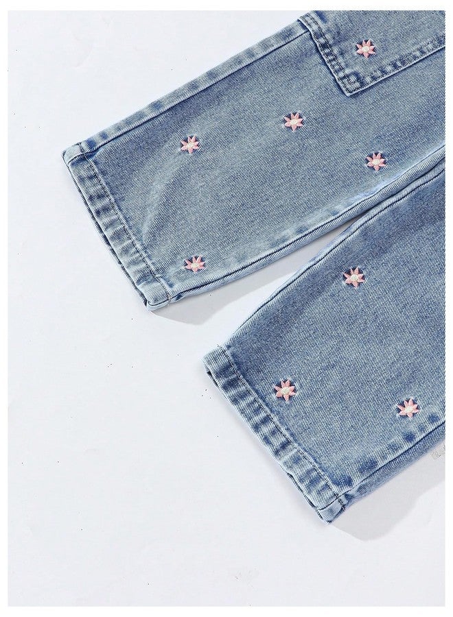 WDIRARA Toddler Girl's Floral Embroidered Wide Leg Cargo Jeans Drawstring Elastic Waist Denim Pants Light Wash 4Y - Image 5