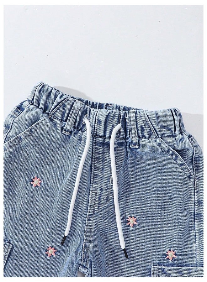 WDIRARA Toddler Girl's Floral Embroidered Wide Leg Cargo Jeans Drawstring Elastic Waist Denim Pants Light Wash 4Y - Image 3