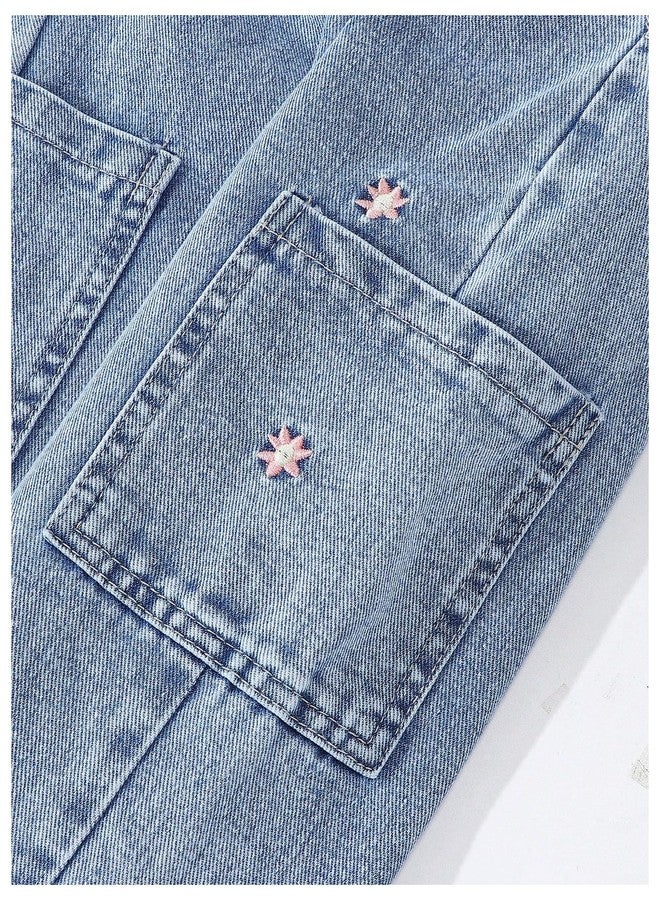 WDIRARA Toddler Girl's Floral Embroidered Wide Leg Cargo Jeans Drawstring Elastic Waist Denim Pants Light Wash 4Y - Image 4