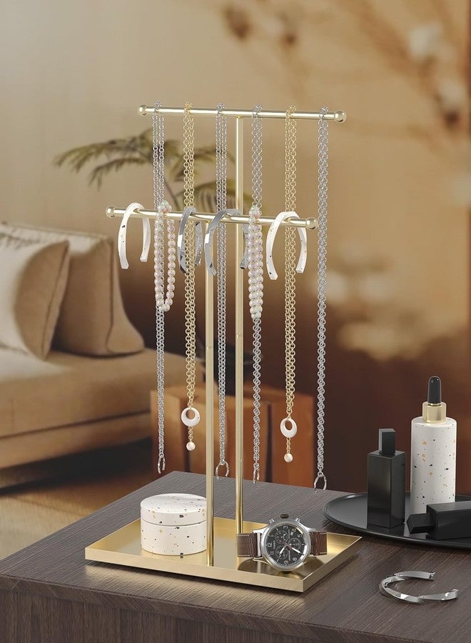 Ausalivan Necklace Organizers Holder, Small Jewelry Display Stand for Women, Men and Vendors, Long Necklace Organizer, Multi-Functional Bracelet Hanger, Space Saving Design (2 Tier Golden) - Image 2