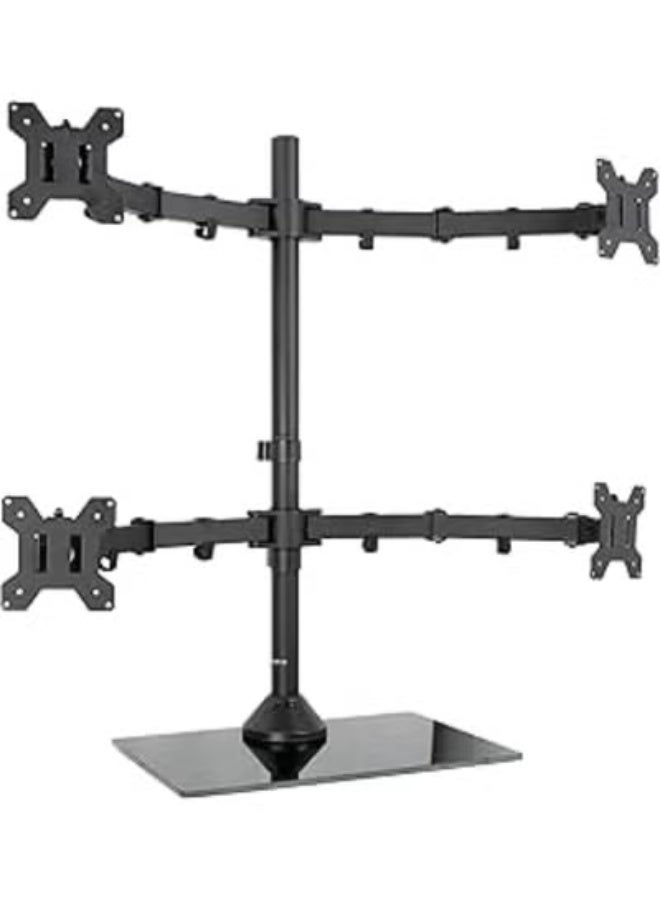 Adjustable Quad Monitor Desk Stand Mount - Heavy Duty Glass Base, Holds 4 Screens up to 27 Inches, Free Standing Ergonomic Display Holder - Image 1