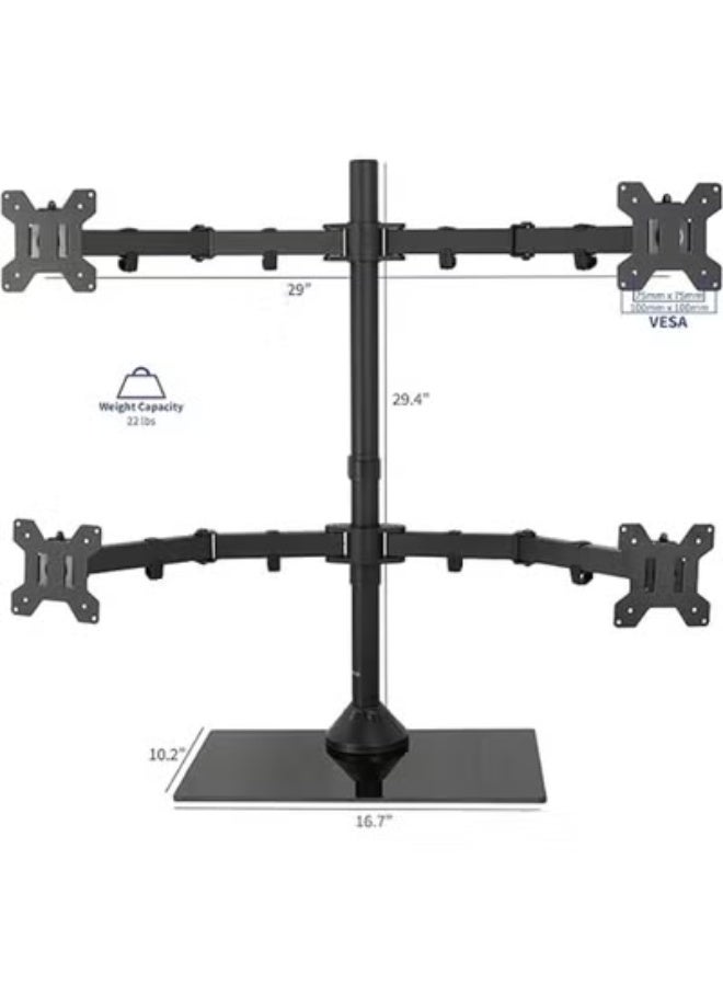 Adjustable Quad Monitor Desk Stand Mount - Heavy Duty Glass Base, Holds 4 Screens up to 27 Inches, Free Standing Ergonomic Display Holder - Image 2