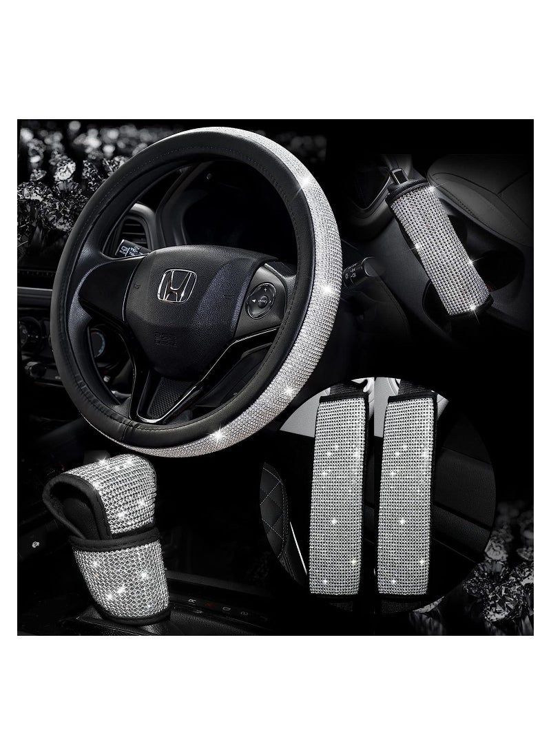 Generic Universal Car Accessories Set Of 5 Pieces Crystal Steering Wheel Cover, Diamond Handbrake Cover, seat belt cover and Diamond Gear Shift Knob Cover Accessory for car - Silver /Black  - Image 1