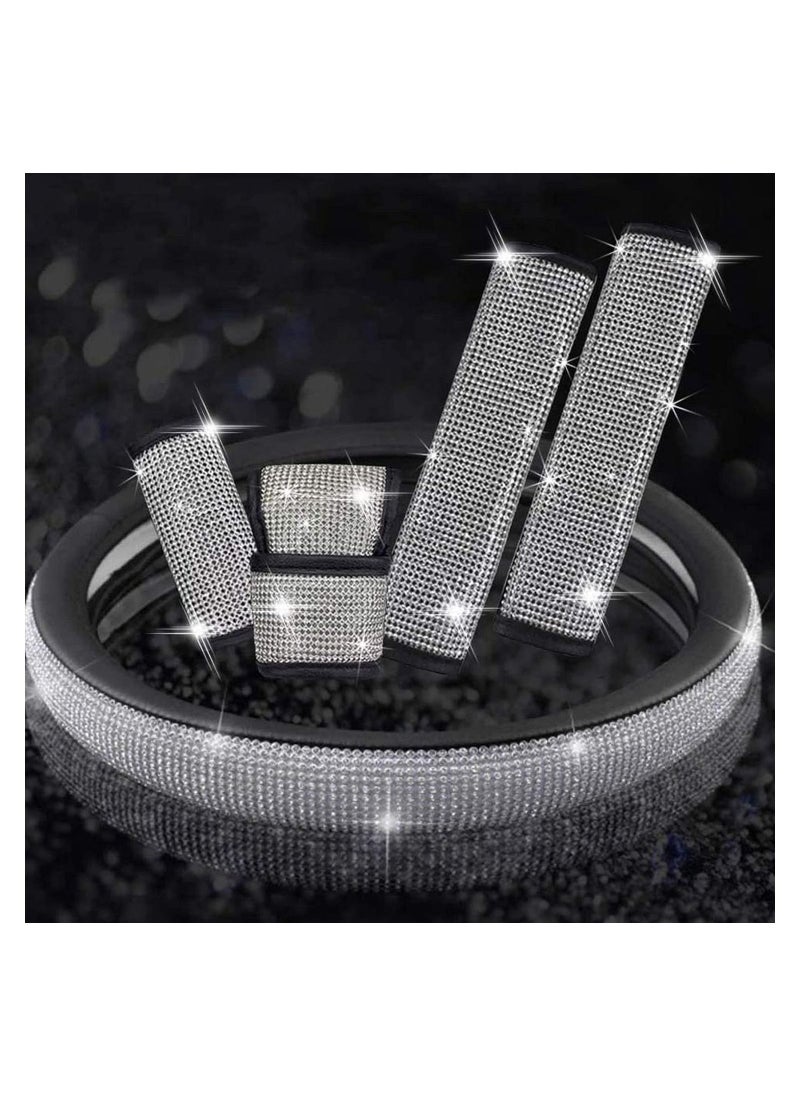 Generic Universal Car Accessories Set Of 5 Pieces Crystal Steering Wheel Cover, Diamond Handbrake Cover, seat belt cover and Diamond Gear Shift Knob Cover Accessory for car - Silver /Black  - Image 3