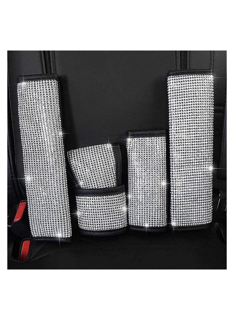 Generic Universal Car Accessories Set Of 5 Pieces Crystal Steering Wheel Cover, Diamond Handbrake Cover, seat belt cover and Diamond Gear Shift Knob Cover Accessory for car - Silver /Black  - Image 4