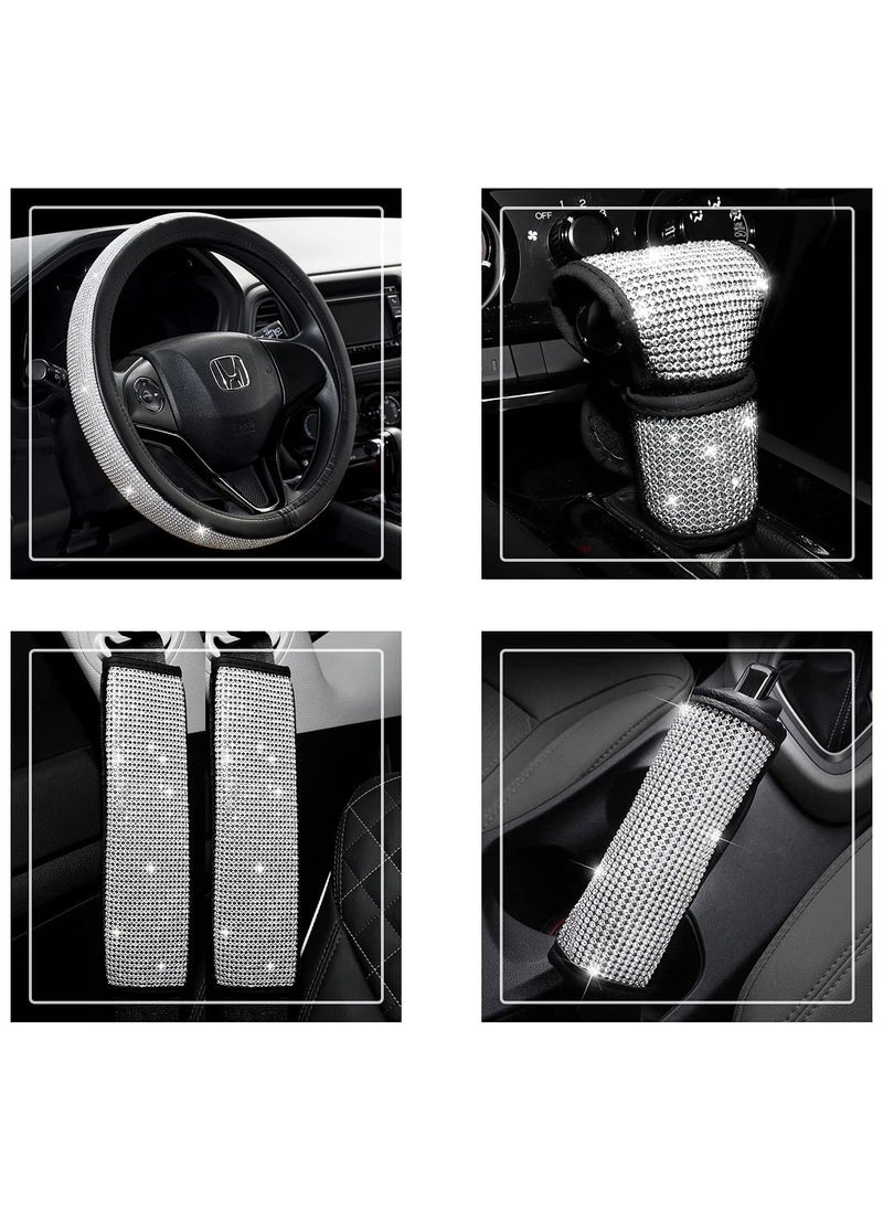 Generic Universal Car Accessories Set Of 5 Pieces Crystal Steering Wheel Cover, Diamond Handbrake Cover, seat belt cover and Diamond Gear Shift Knob Cover Accessory for car - Silver /Black  - Image 2