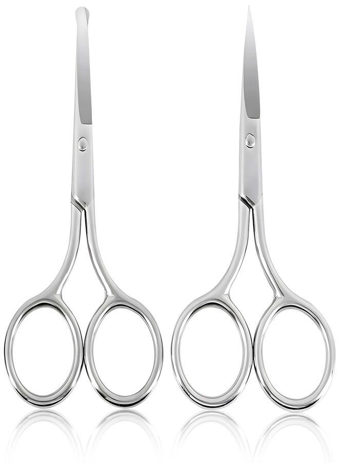 Kootinn Facial Hair Grooming Scissors for Men & Women: Eyebrow, Nose Hair, Mustache, Beard, Eyelashes, Ear Trimming Kit - Curved & Rounded Safety Tip Clippers - 2PCS Silver. - Image 1