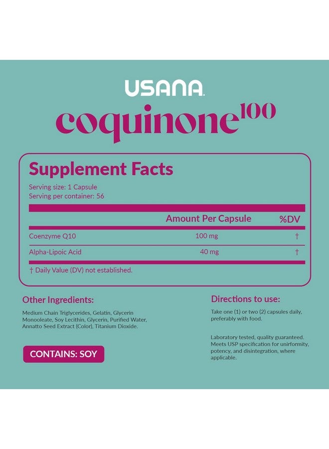 USANA يوسانا كوكوينون 100 مكمل كوانزيم كيو 10 مع حمض ألفا ليبويك لدعم صحة القلب* - 56 كبسولة لينة - إمداد لمدة 28 يومًا - Image 2