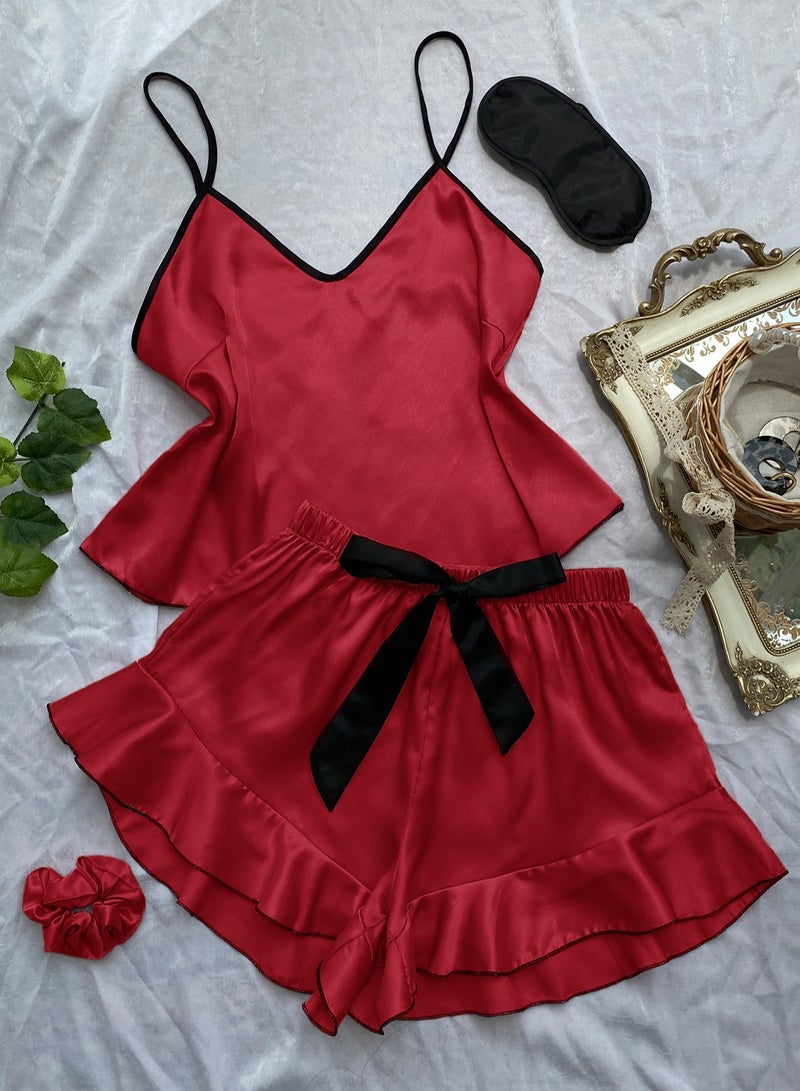 Loquat Women's  4-Piece Set Nightgown Sleepwear Short Sleeve Lapel Top,Shorts Eyeshade And Rubber Band Soft Loungewear Pajamas Suit Red 