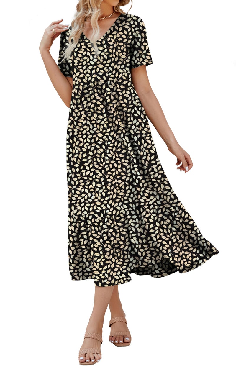 Jeqeocafy Women's 2026 Summer Short Sleeve V Neck Swing Dress Flowy Tiered Maxi Beach Sundress with Pockets - Image 1