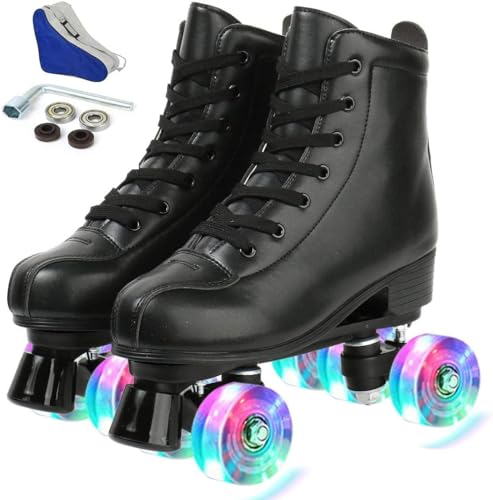 Jessie PU Leather Roller Skates for Women Men Boys and Girls Adjustable FourWheel Premium Skates for Outdoor and Indoor Use Flash Wheel Womens 85 Mens 7