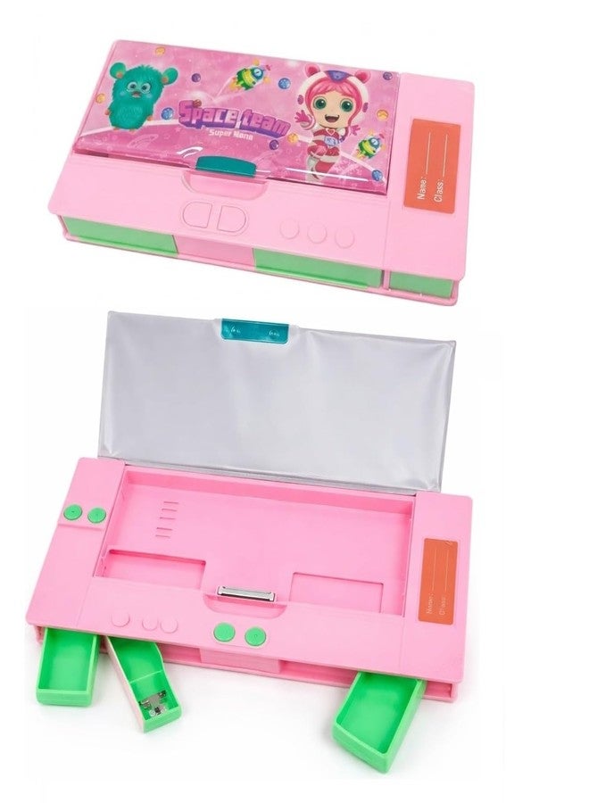 SMAX Jumbo Pencil Box for Kids | Multifunction Large Capacity Pencil Case with Compartments, Push Button Storage, Built-in Sharpener | Cute Cartoon Pencil Box for School Boys & Girls (Pink) - Image 1