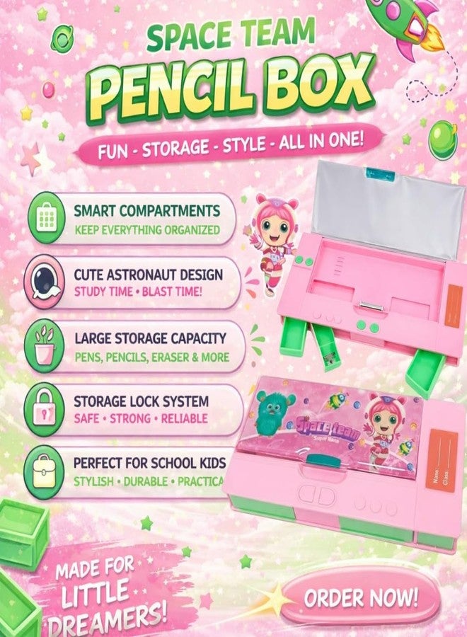 SMAX Jumbo Pencil Box for Kids | Multifunction Large Capacity Pencil Case with Compartments, Push Button Storage, Built-in Sharpener | Cute Cartoon Pencil Box for School Boys & Girls (Pink) - Image 4