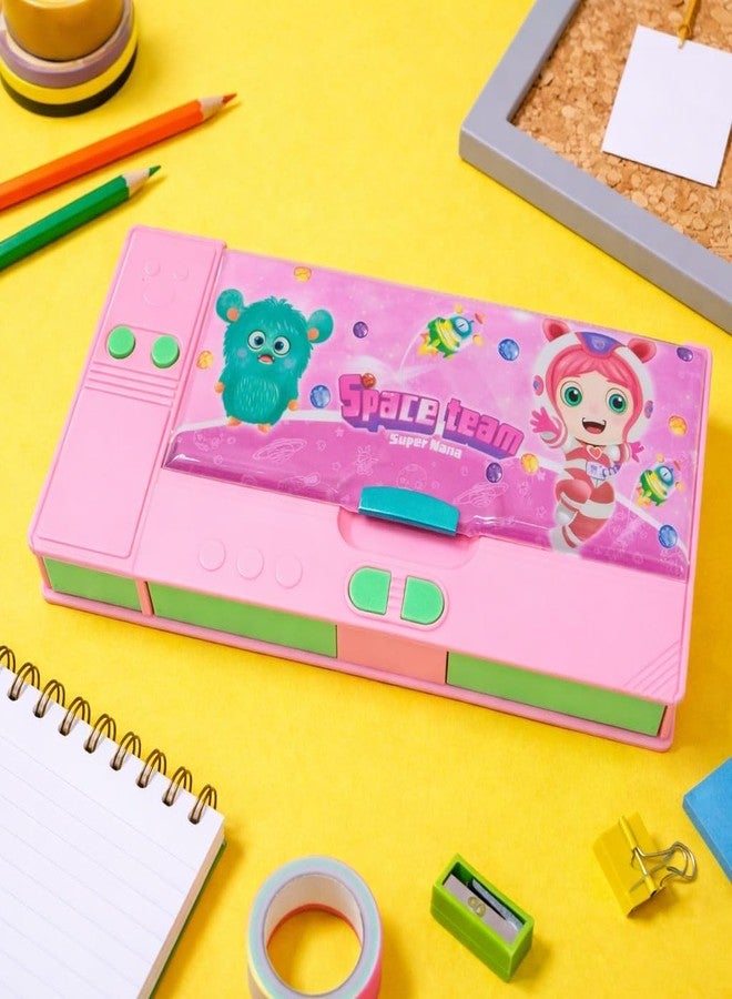 SMAX Jumbo Pencil Box for Kids | Multifunction Large Capacity Pencil Case with Compartments, Push Button Storage, Built-in Sharpener | Cute Cartoon Pencil Box for School Boys & Girls (Pink) - Image 2