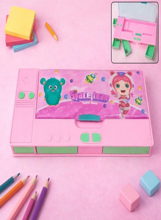 SMAX Jumbo Pencil Box for Kids | Multifunction Large Capacity Pencil Case with Compartments, Push Button Storage, Built-in Sharpener | Cute Cartoon Pencil Box for School Boys & Girls (Pink) - Image 3