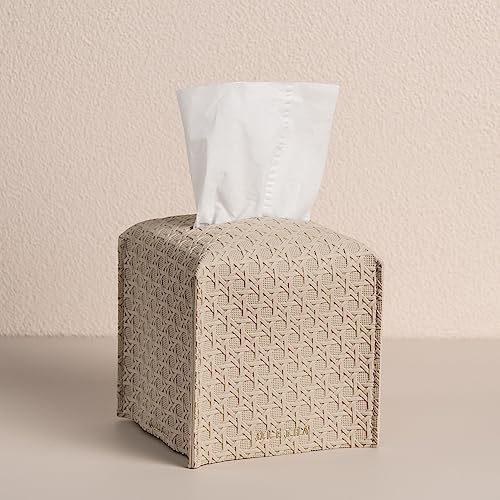 OLETHA Square Tissue Box Cover - Aesthetic Desk Decor for Room, Home & Office - Tissues Cube Boxes Holder - Lattice Patterns, Light Taupe - Image 1
