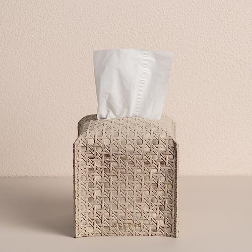 OLETHA Square Tissue Box Cover - Aesthetic Desk Decor for Room, Home & Office - Tissues Cube Boxes Holder - Lattice Patterns, Light Taupe - Image 5