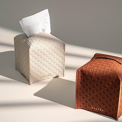 OLETHA Square Tissue Box Cover - Aesthetic Desk Decor for Room, Home & Office - Tissues Cube Boxes Holder - Lattice Patterns, Light Taupe - Image 2