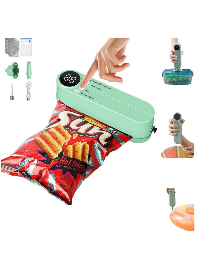 كيمايا جهاز 3 في 1 لاسلكي صغير لإغلاق الأكياس القابلة لإعادة الشحن لتخزين الطعام مع 4 أكياس للوجبات الخفيفة، وجهاز إغلاق حراري لأكياس رقائق البطاطس، وجهاز إغلاق يدوي لإغلاق الأكياس المفرغة من الهواء لحفظ الطعام، ومضخة نفخ للكرات - Image 1