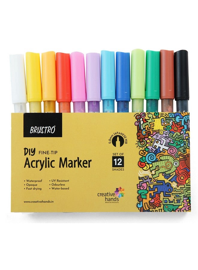 BRUSTRO مجموعة أقلام ماركر برسترو أكريليك (اصنعها بنفسك) ذات رأس رفيع عدد 12 - أساسي 0.8 مم | مقاومة للماء، تشطيب غير لامع، مقاومة للأشعة فوق البنفسجية، ألوان غير سامة | مثالية للأعمال الحرفية، المدرسة، تعمل على الزجاج والبلاستيك - Image 1
