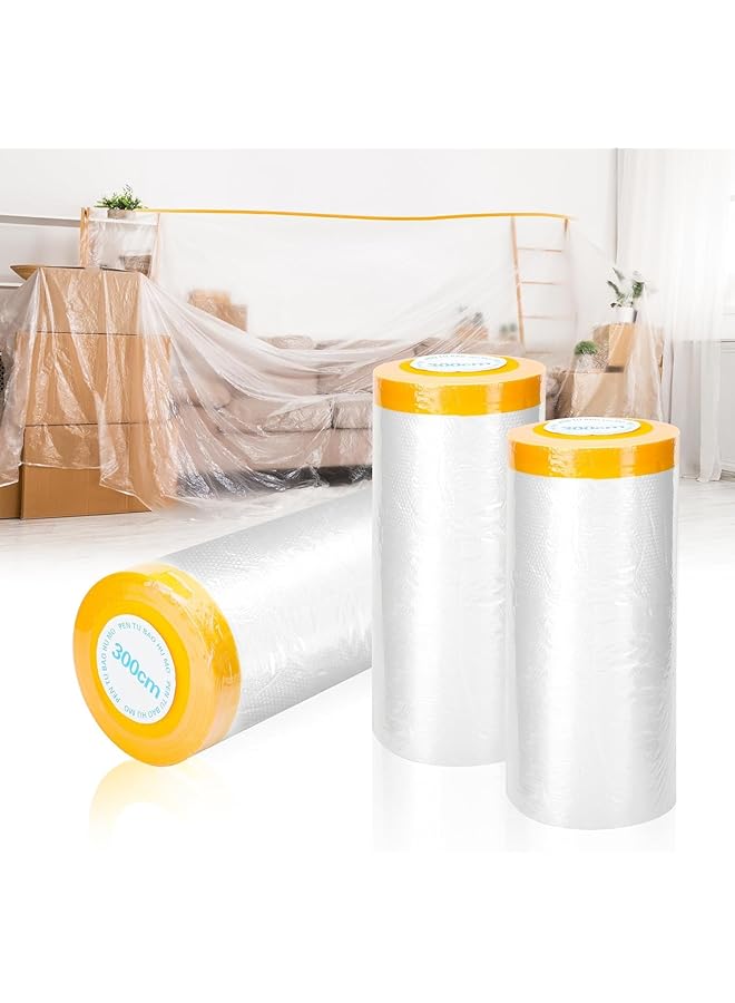 PROMASS promass 3x20m Plastic Drop Cloth Plastic Sheeting with Masking Tape,Waterproof Protective Masking Film,Prevent Dust Paint for Car,Furniture,Carpet,Floor,1 Pack 10x65ft  - Image 1