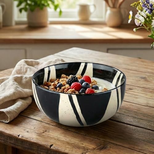 BLACKCARROT Large Ceramic Serving Bowl, 1500 ml, Black & White Designer Stoneware Bowl | Glossy Finish Pasta & Salad Bowl - Image 1