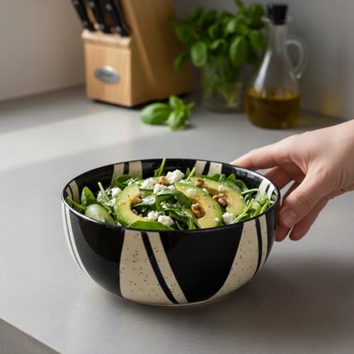 BLACKCARROT Large Ceramic Serving Bowl, 1500 ml, Black & White Designer Stoneware Bowl | Glossy Finish Pasta & Salad Bowl - Image 3