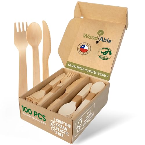 WOODABLE Disposable Wooden Cutlery Set - 100% Home Compostable - 100 Mix - (40 Forks, 40 Spoons and 20 Knives) 6.5", Bamboo Utensils Alternative, Eco-Friendly, Organic, Sustainable and Carbon Neutral Certified - Image 1