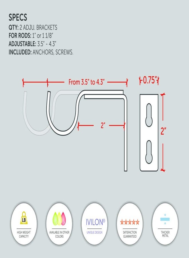 Ivilon Short Projection Brackets for Curtain Rods - for 1 or 1 1/8 Inch Rods. Set of 2 - Antique Black - Image 2